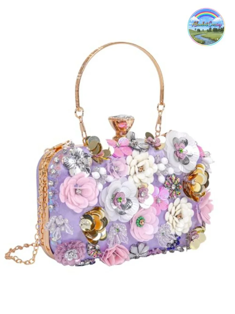 Sequin PU Leather Evening Clutch with 3D Flowers and Chain Strap